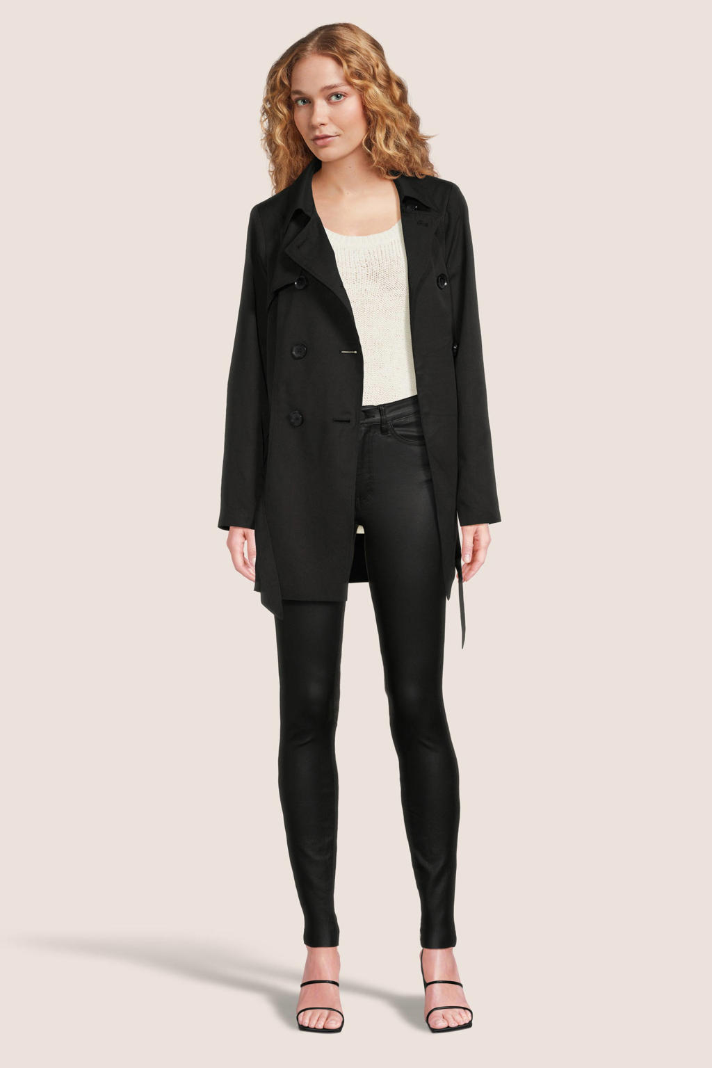 Zwarte dames ONLY trenchcoat jas van polyester met effen, lange mouwen, overslagkraag en ceintuur