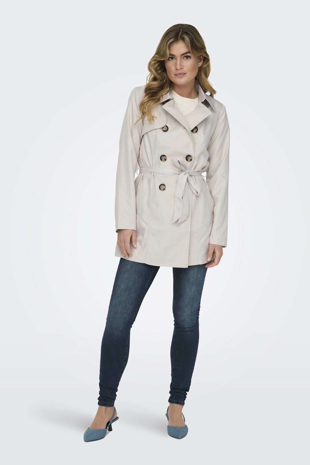 ONLY trenchcoat jas ONLVALERIE met ceintuur lichtgrijs