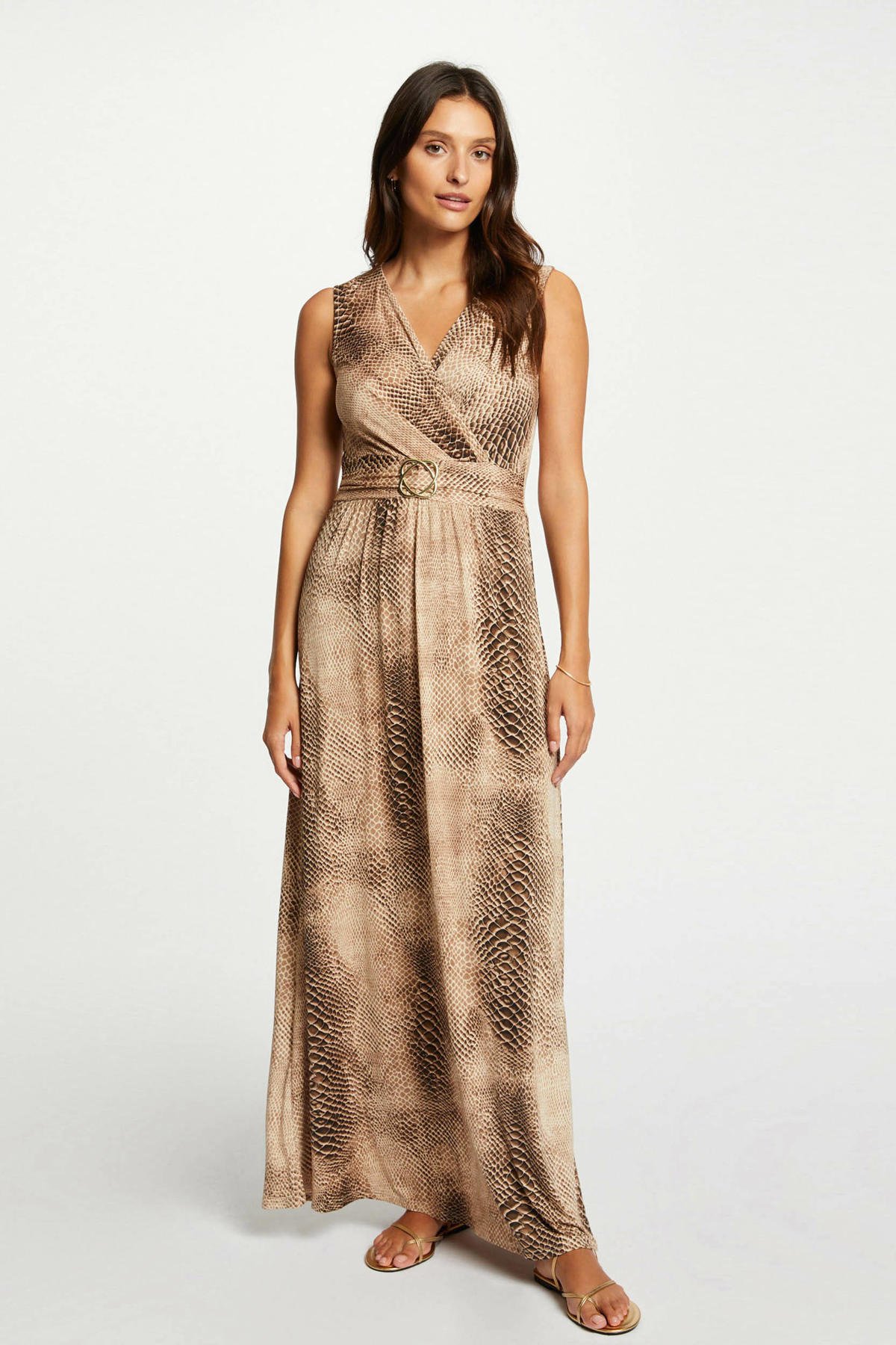Morgan maxi jurk met slangenprint en plooien beige/bruin wehkamp