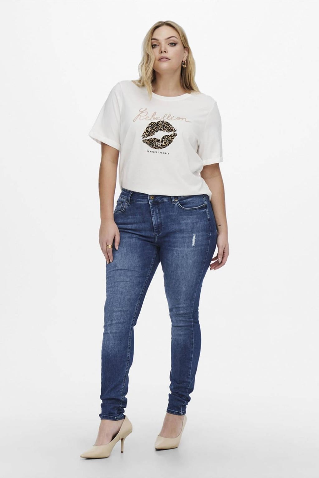 Medium blue denim dames ONLY CARMAKOMA skinny jeans van stretchdenim met regular waist, rits- en knoopsluiting en effen