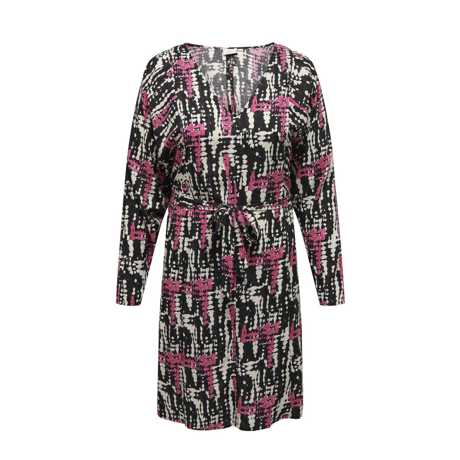 ONLY CARMAKOMA jurk CARMARGOT met grafische print en ceintuur zwart roze ecru