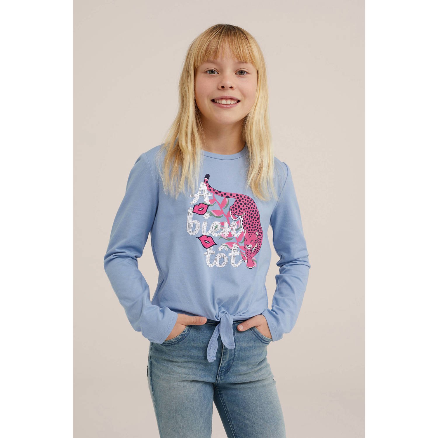 WE Fashion longsleeve Harlow met printopdruk lila roze