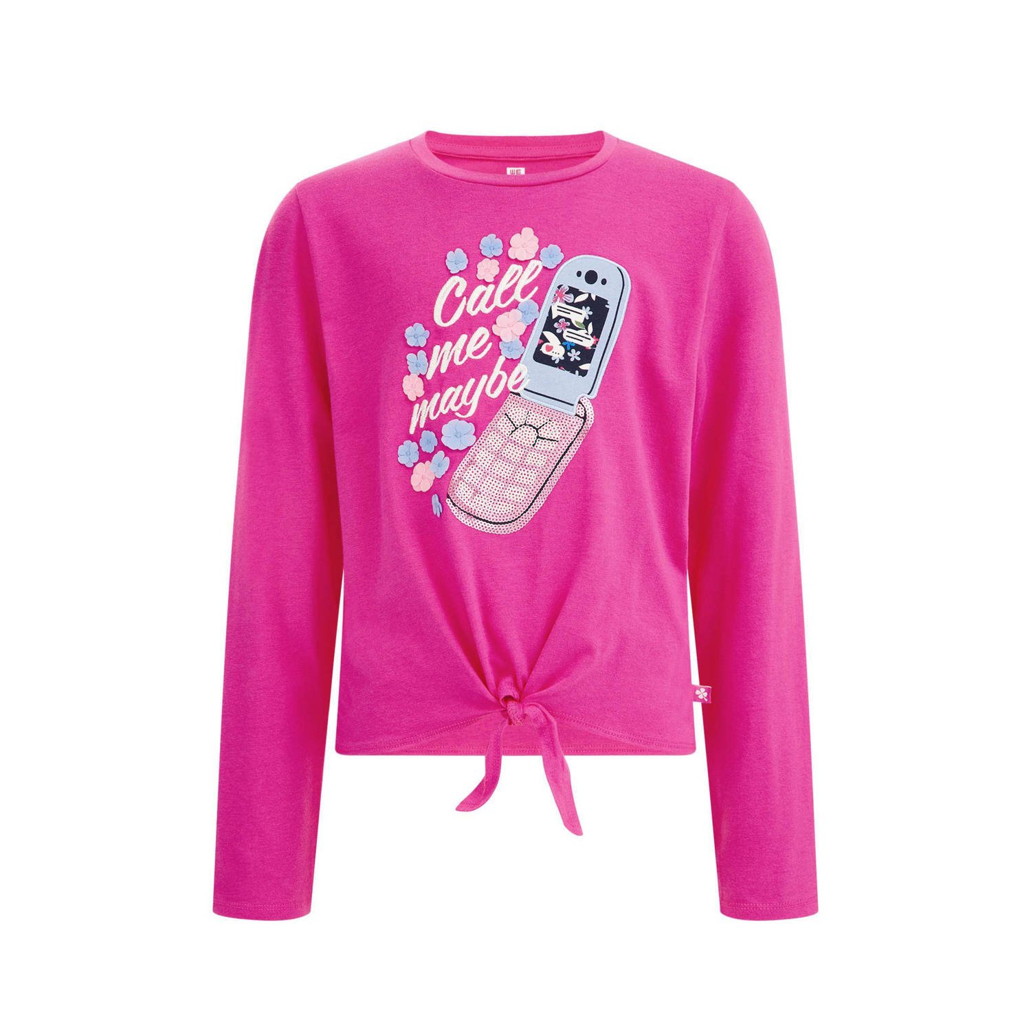 WE Fashion longsleeve met printopdruk felroze Meisjes Stretchkatoen Ronde hals 122 128