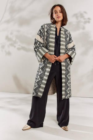 kimono met grafische print en ceintuur zwart/ecru