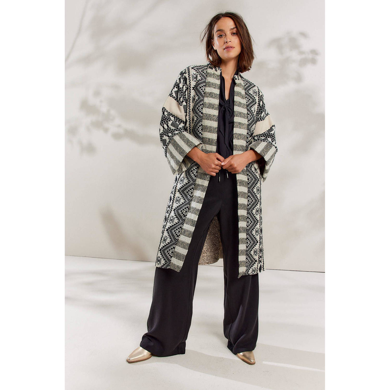 Summum kimono met grafische print en ceintuur zwart ecru