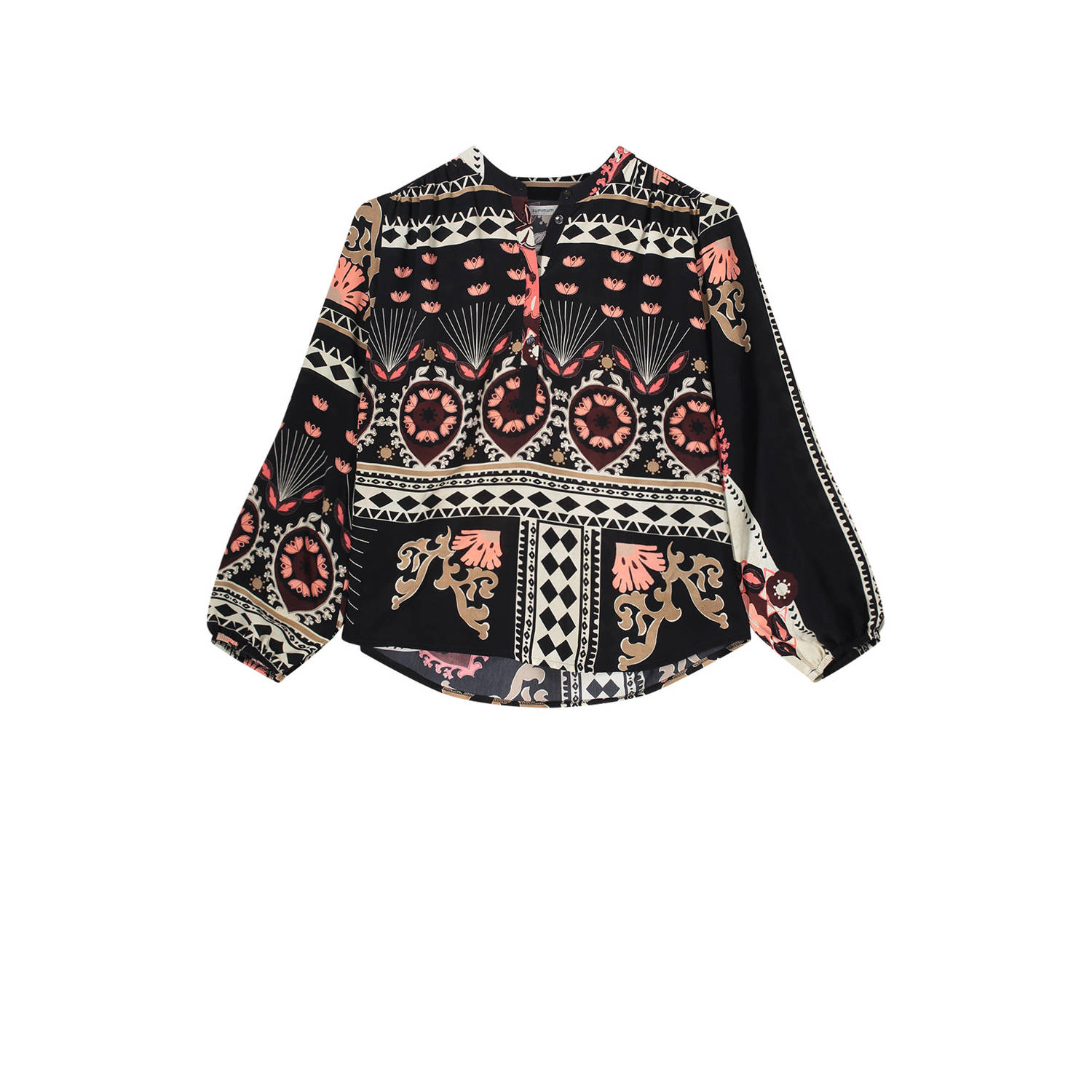 Summum top met all over print en plooien zwart koraalrood