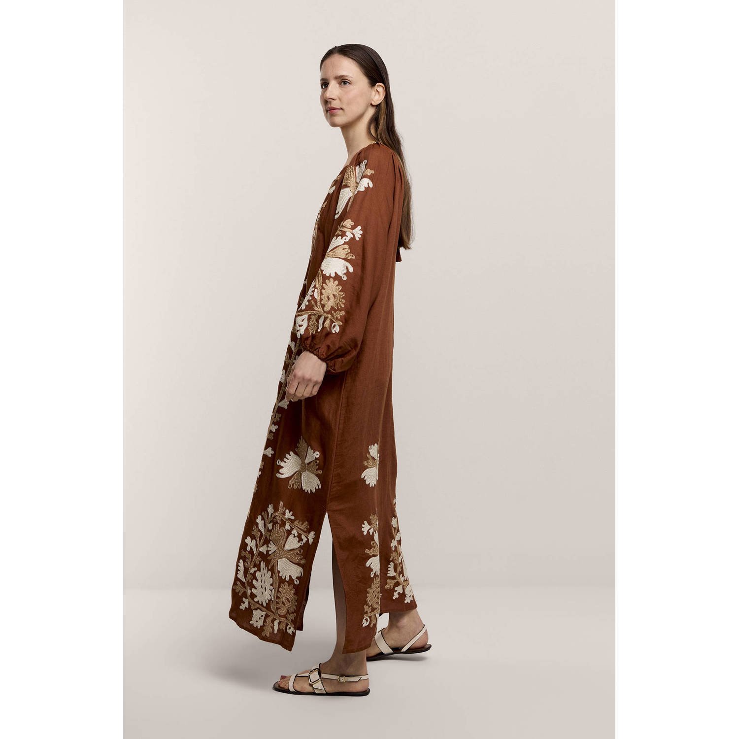 Summum jurk met linnen en all over print bruin