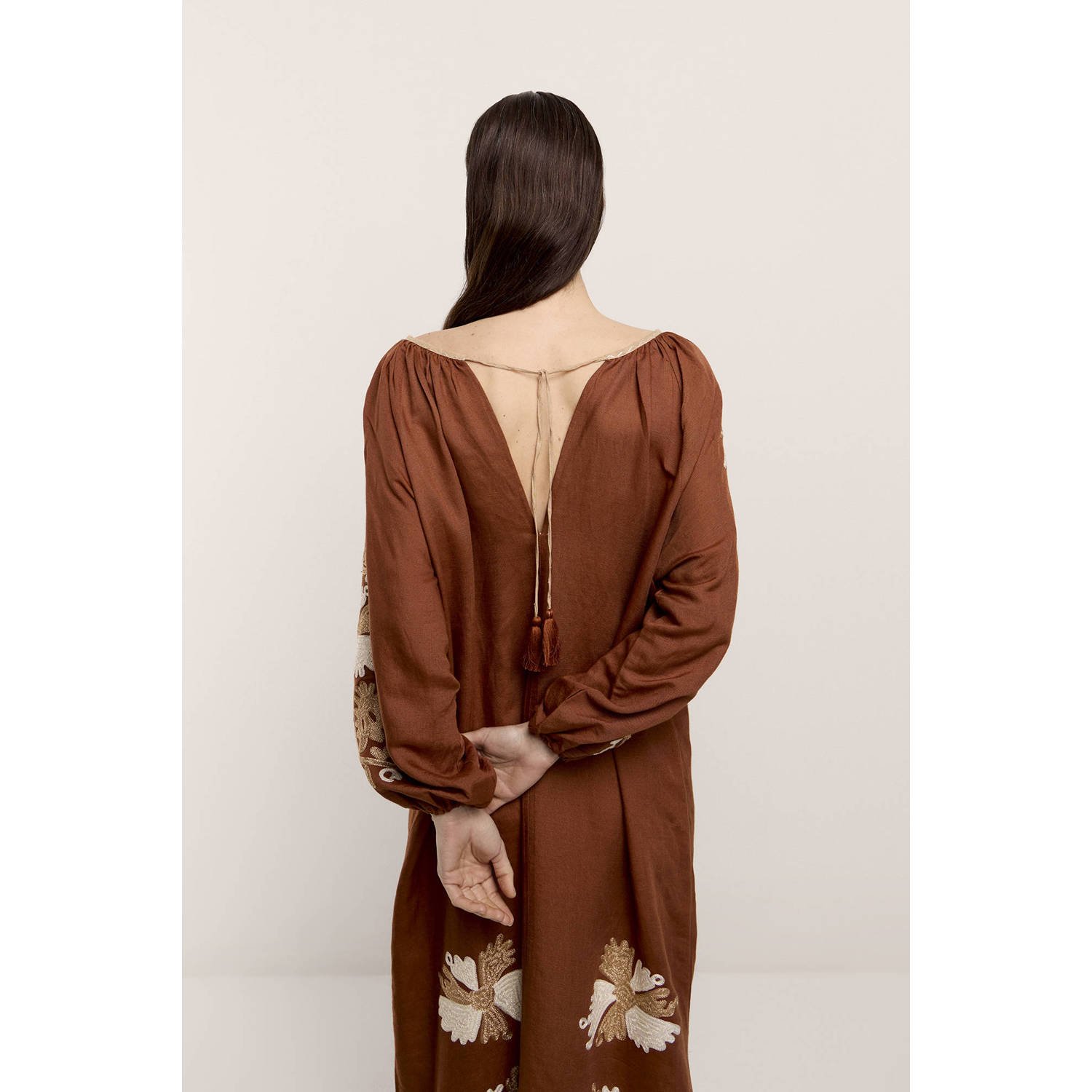 Summum jurk met linnen en all over print bruin