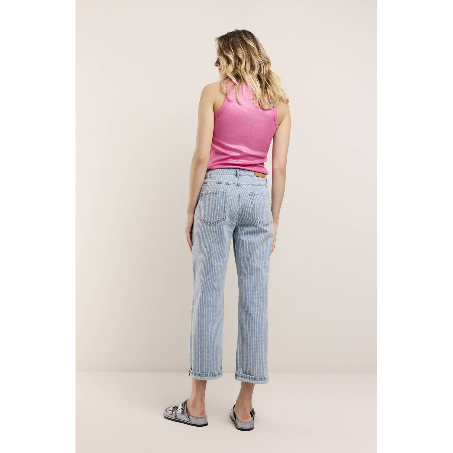 Summum gestreepte cropped slim fit jeans light blue denim wit