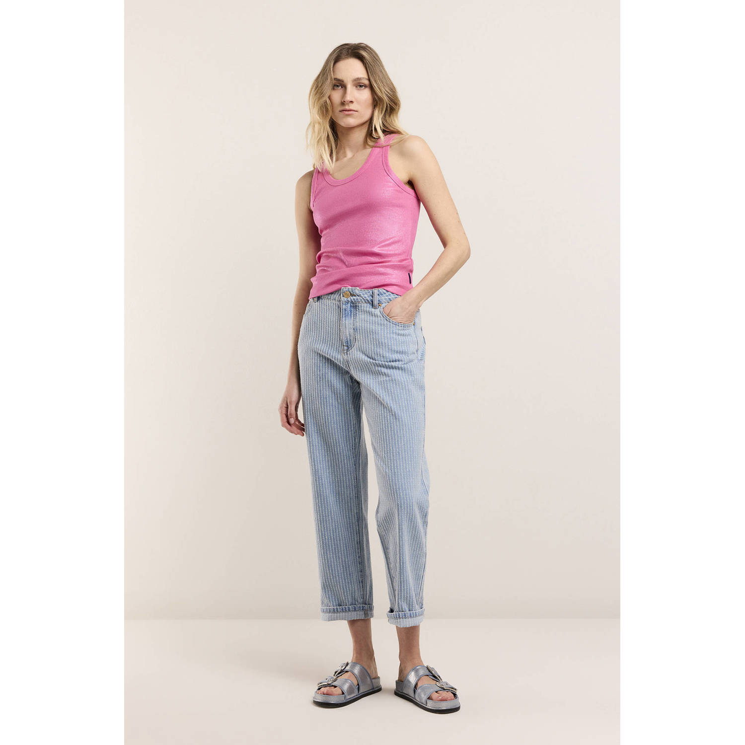 Summum gestreepte cropped slim fit jeans light blue denim wit