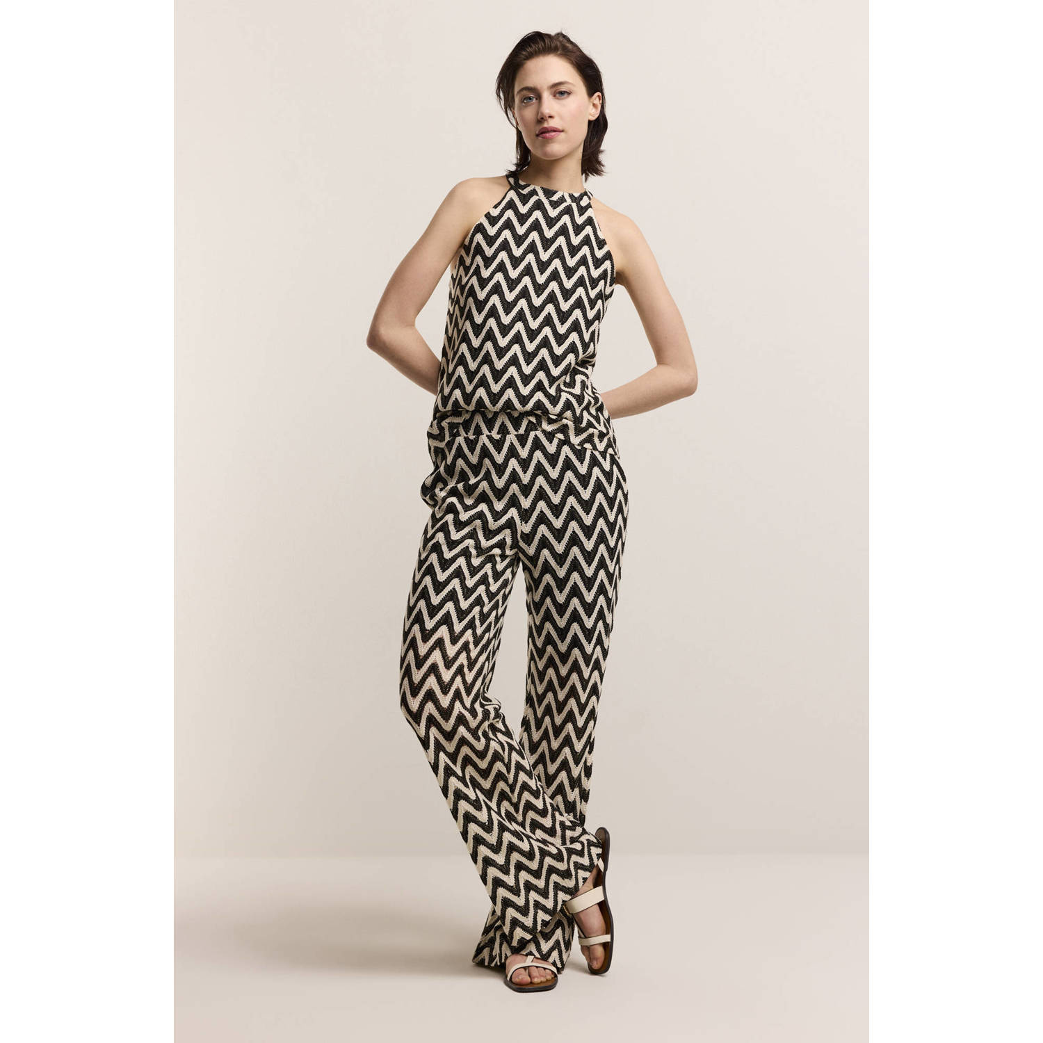 Summum straight fit broek met all over print zwart beige
