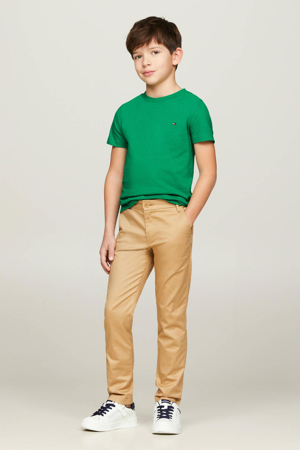 Groene jongens Tommy Hilfiger T-shirt van katoen met effen, korte mouwen en ronde hals