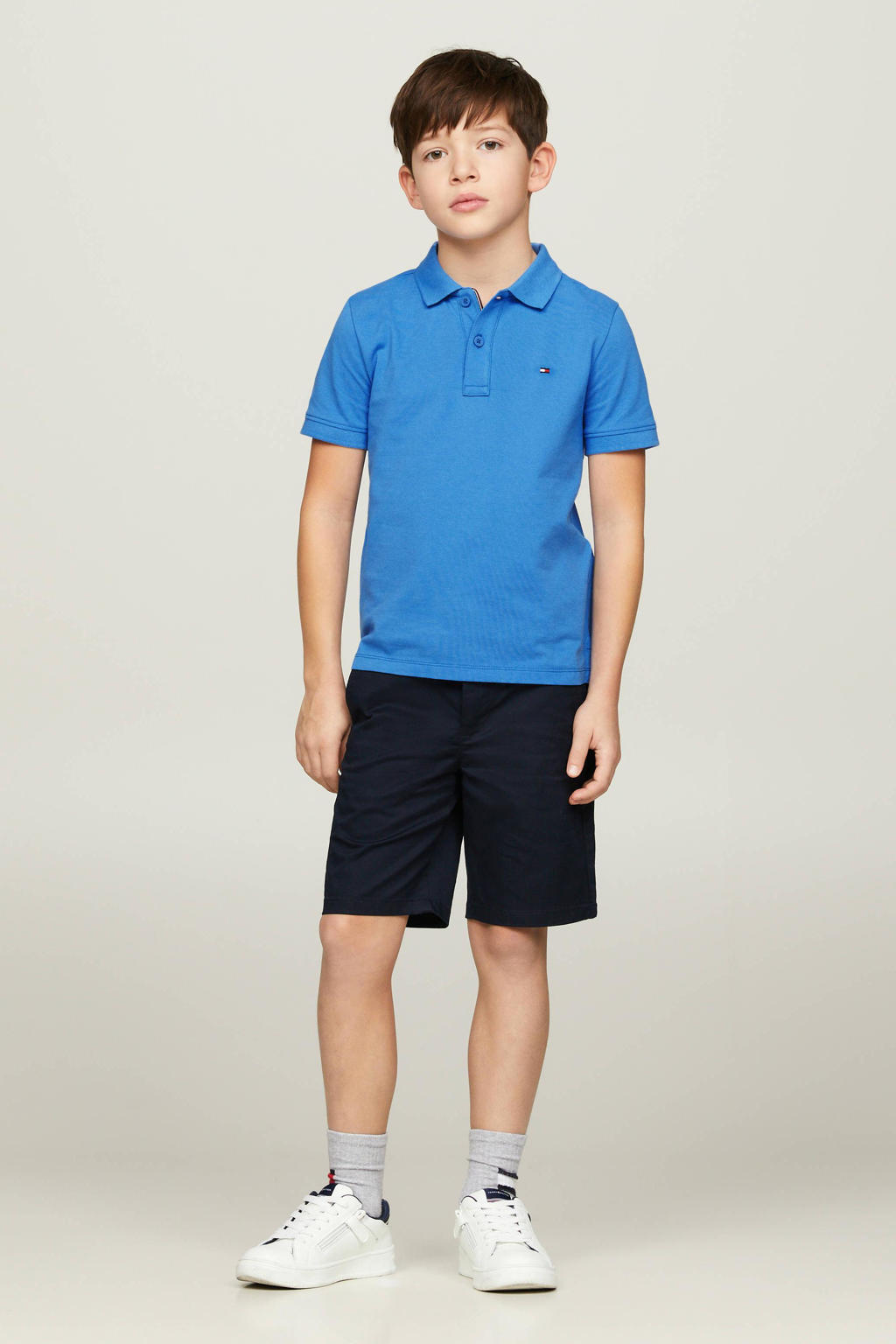 Blauwe jongens Tommy Hilfiger T-shirt van katoen met effen, korte mouwen, polo kraag en knoopsluiting