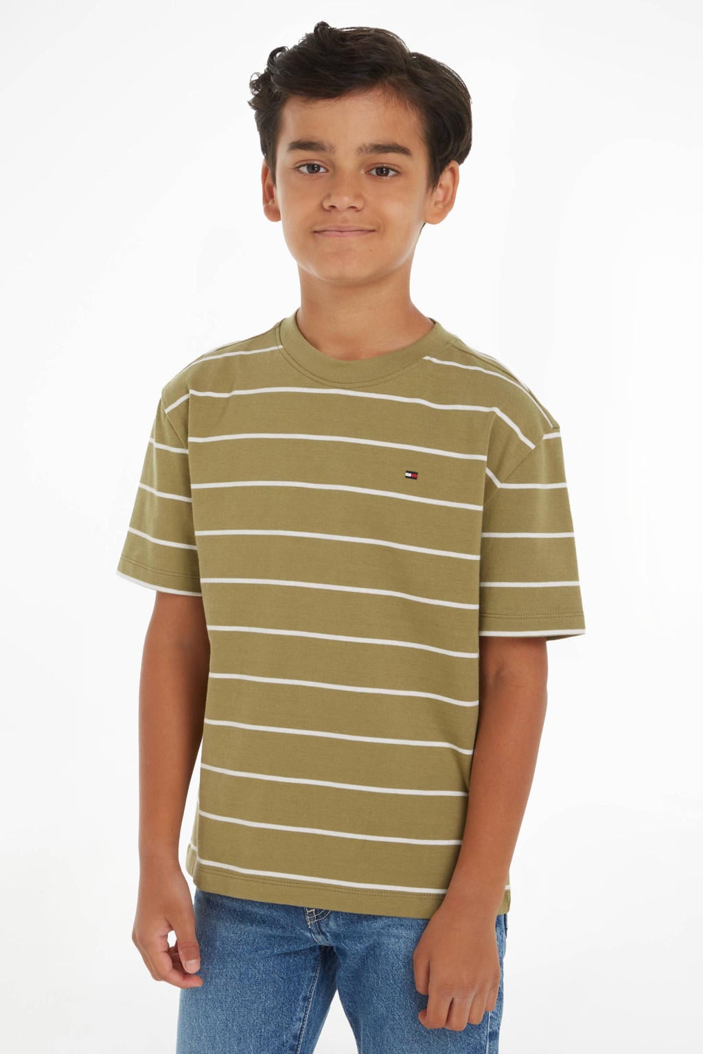 Groen en witte jongens Tommy Hilfiger gestreept T-shirt mosgroen van katoen met korte mouwen en ronde hals