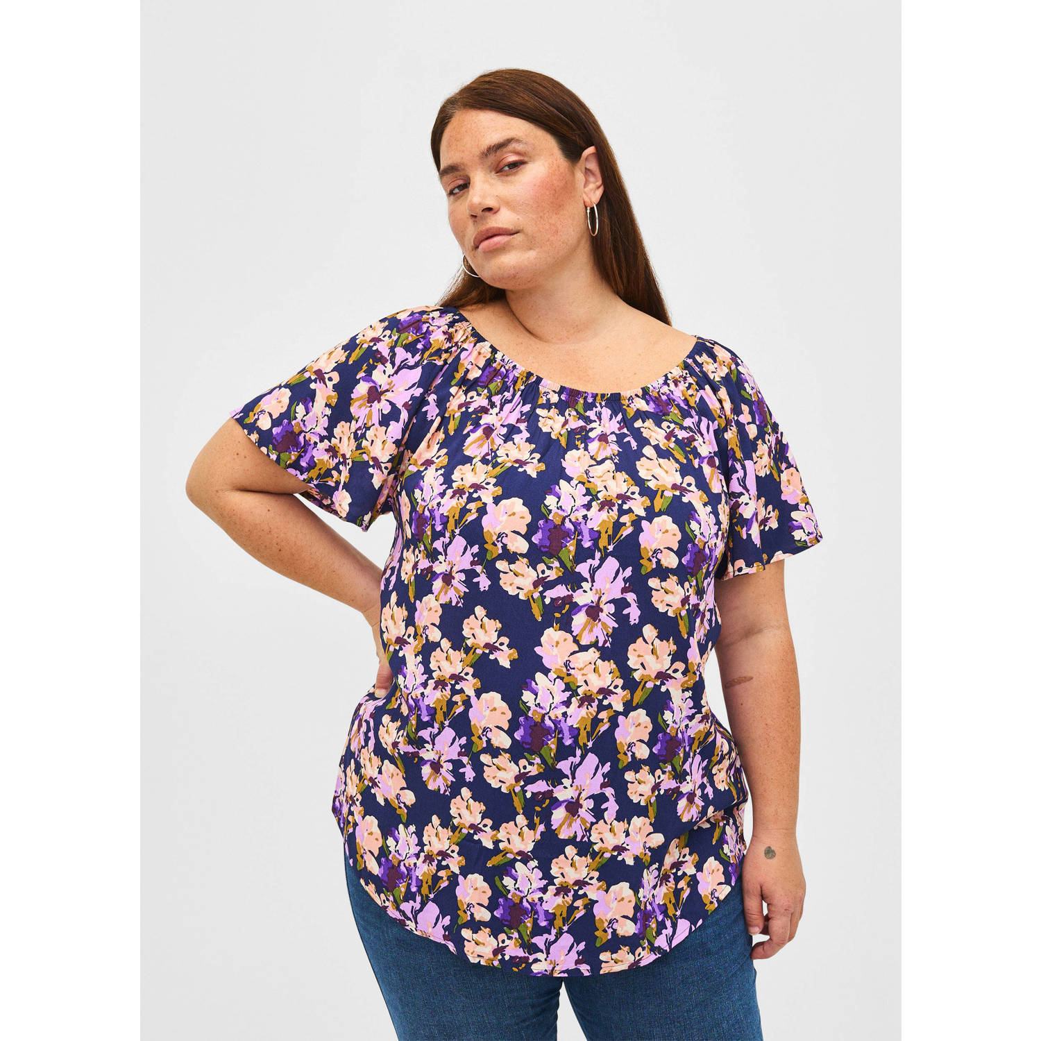 Zizzi top met all over print donkerblauw lilac