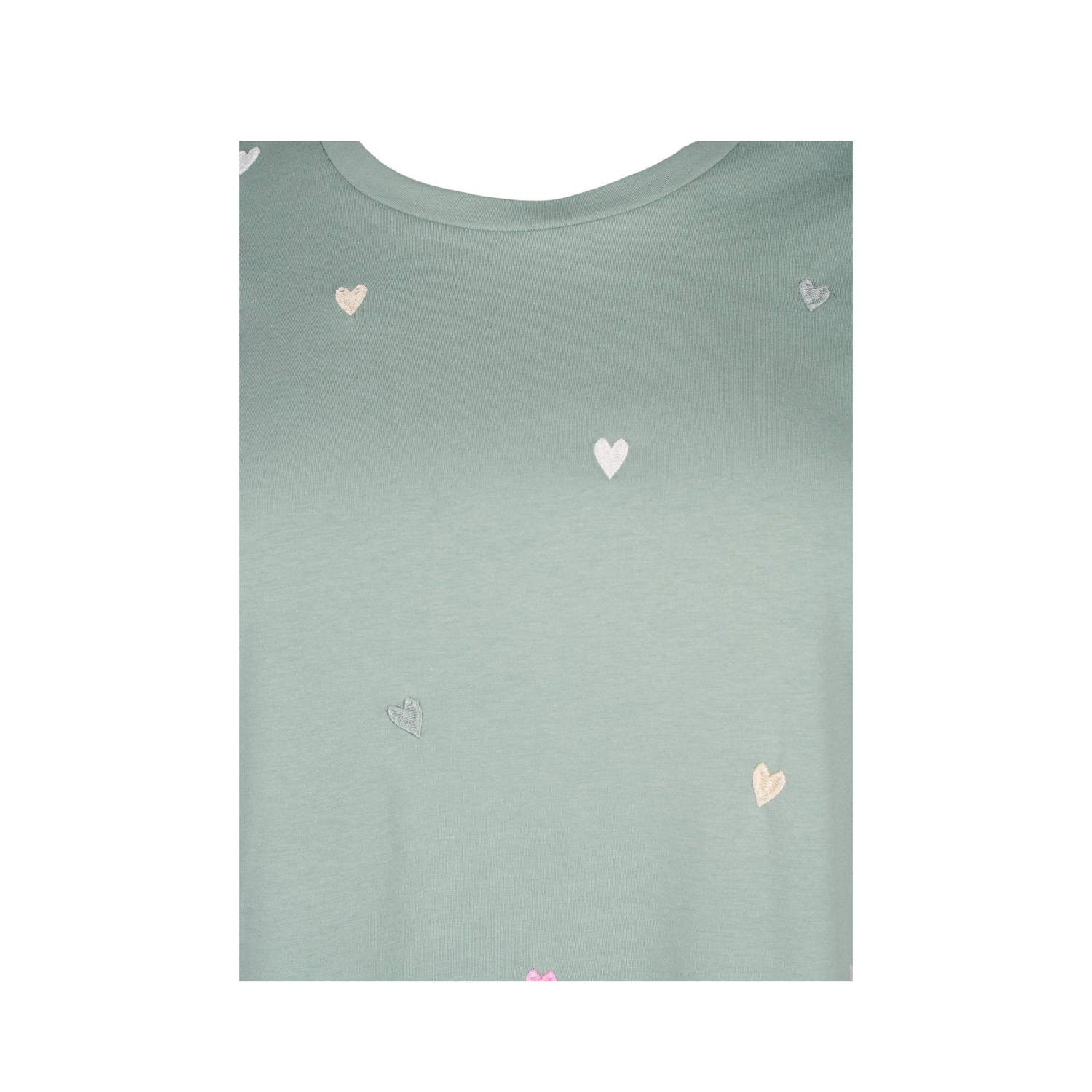 Zizzi T-shirt met hartjes en borduursels lichtgroen