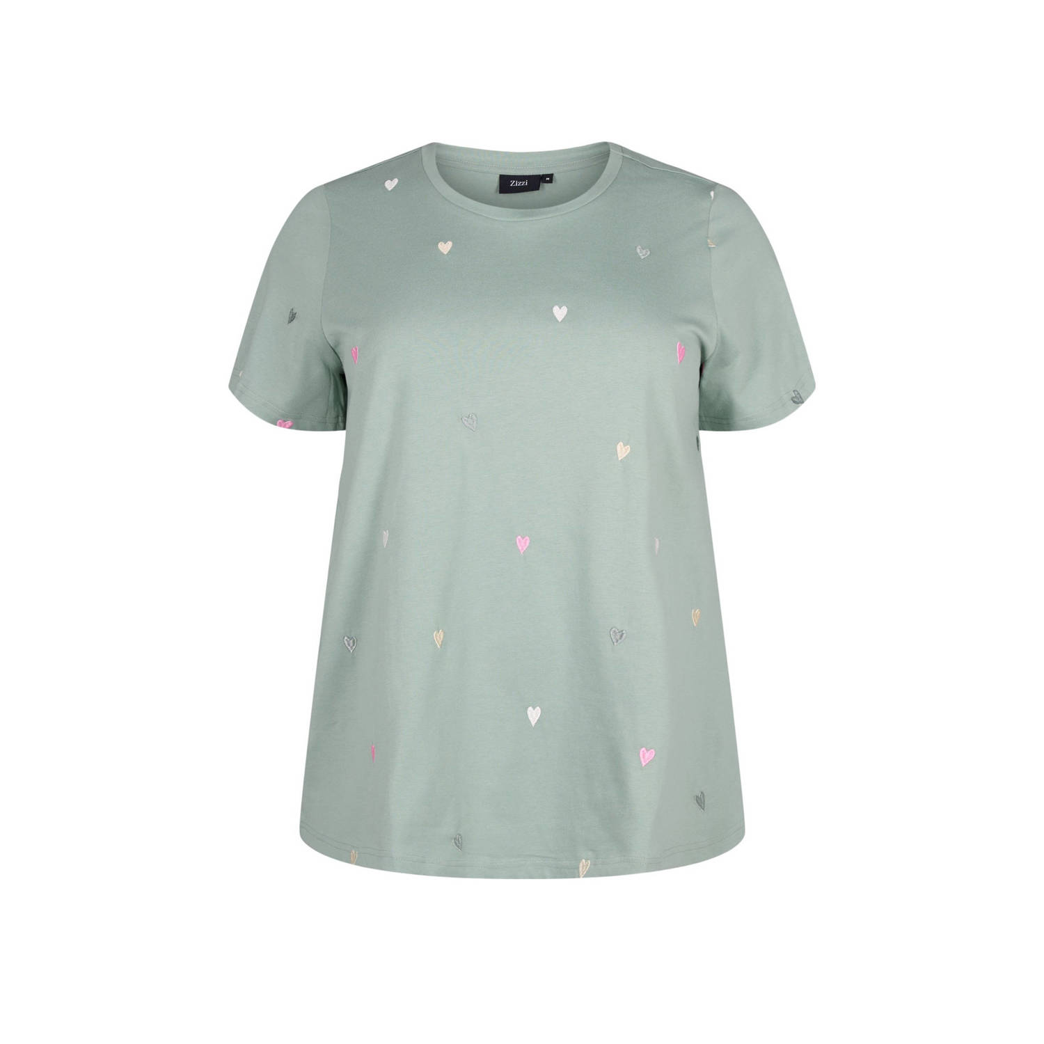 Zizzi T-shirt met hartjes en borduursels lichtgroen