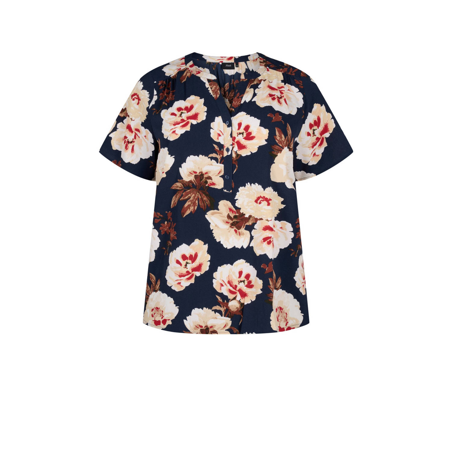 Zizzi blousetop met all over print donkerblauw ecru rood