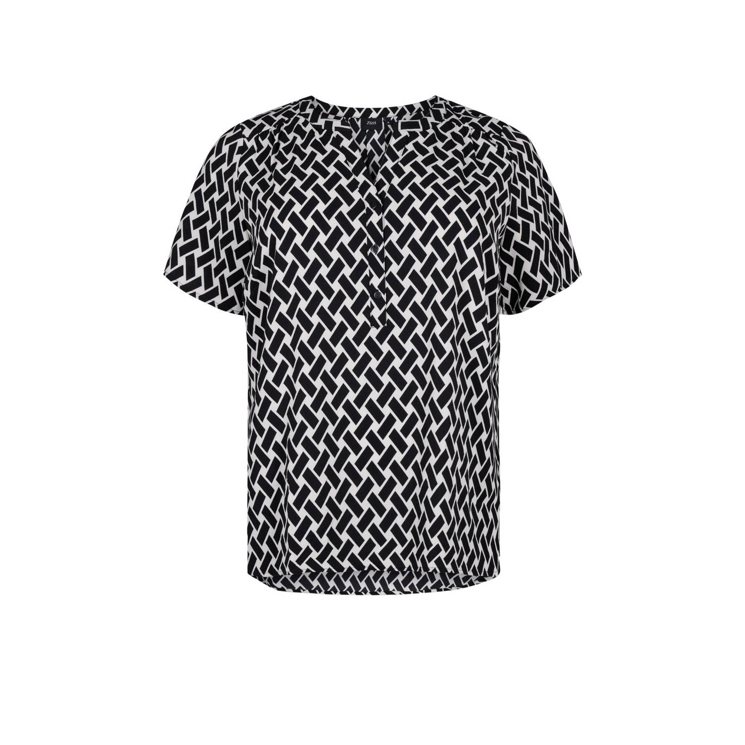 Zizzi blousetop met all over print zwart wit
