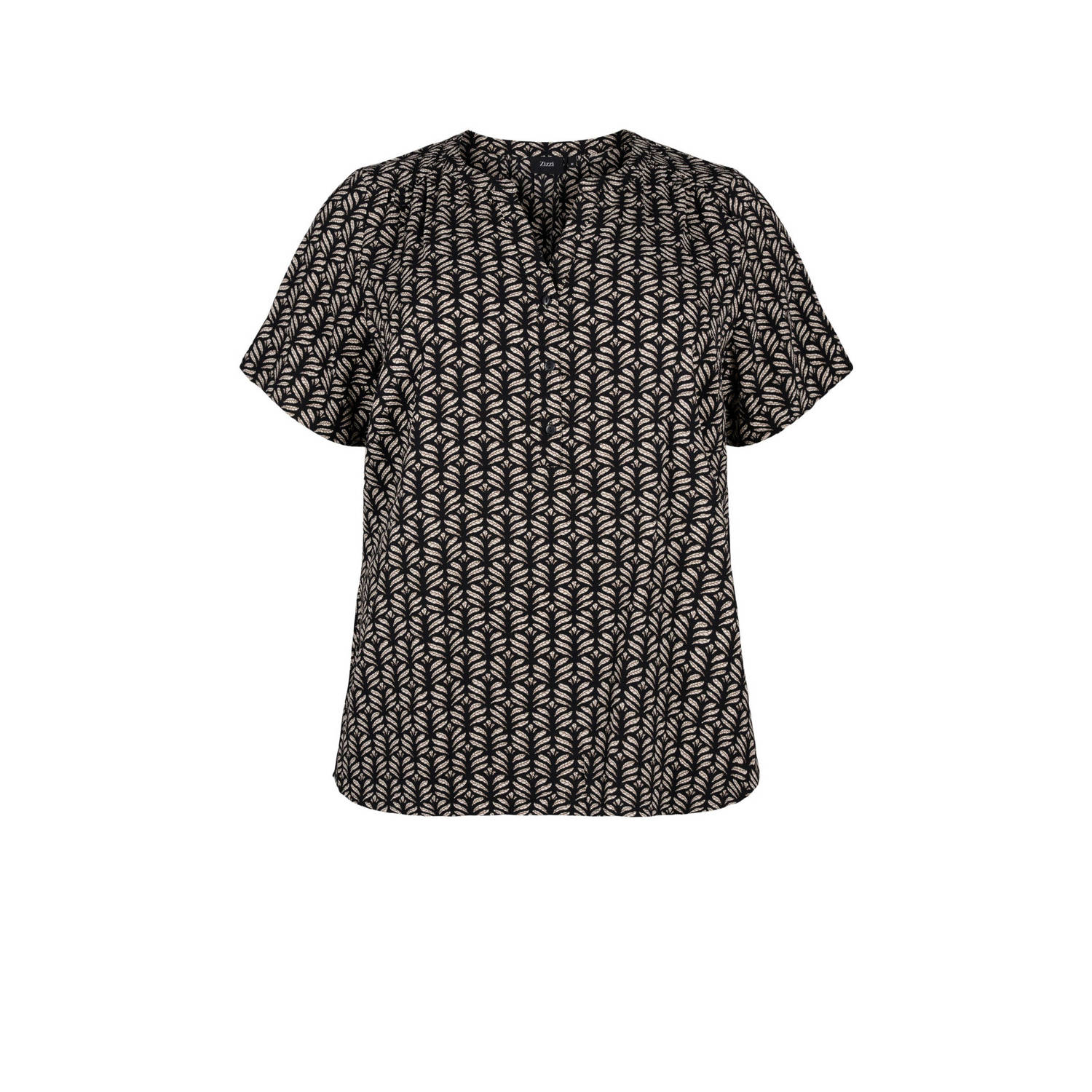 Zizzi blousetop met all over print zwart beige