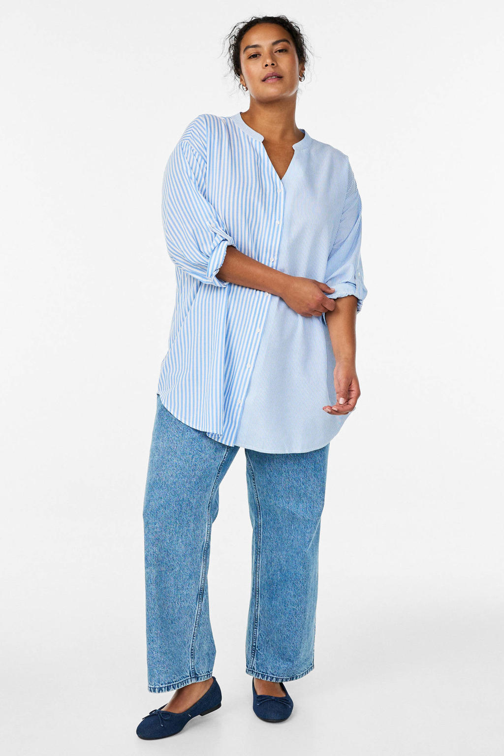 Blauw en witte dames Zizzi gestreepte blouse van katoen met driekwart mouwen, V-hals en knoopsluiting