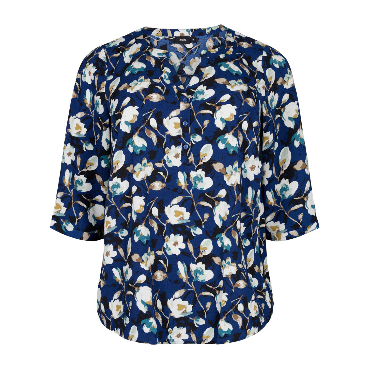 Zizzi gebloemde blousetop blauw ecru beige