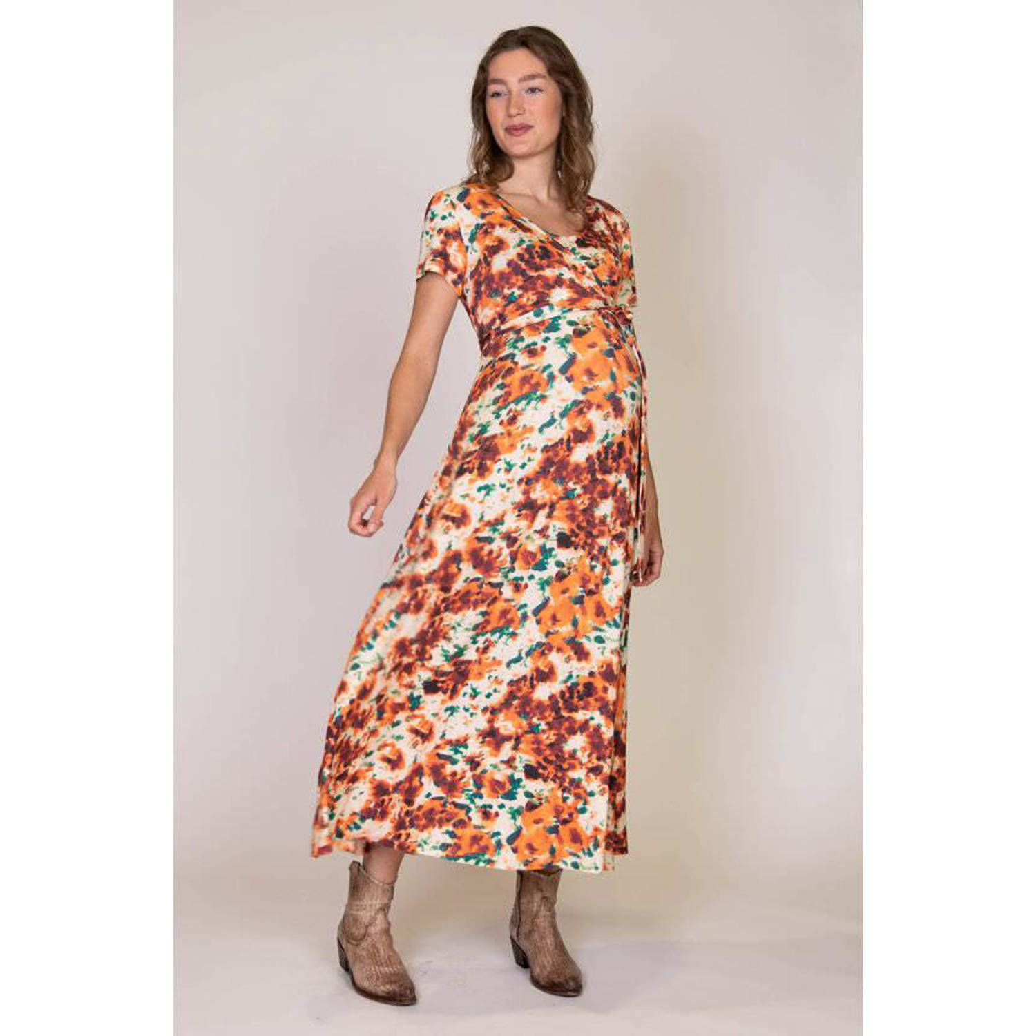 LOVE2WAIT zwangerschaps- en voedingsjurk met all over print oranje brique groen