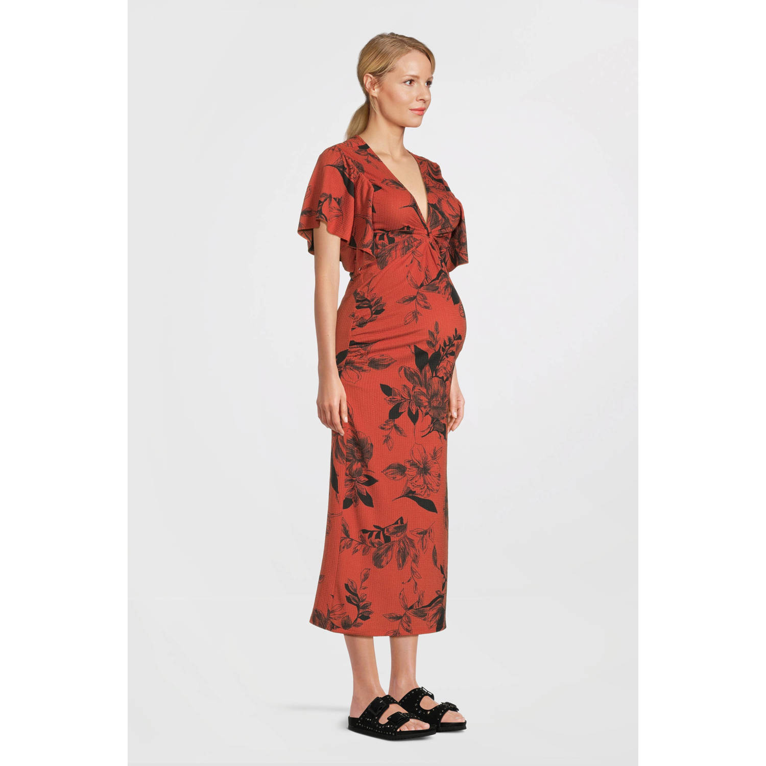 Love2wait gebloemde zwangerschaps- en voedingsjurk Sofia rood zwart Dames Polyester V-hals XS