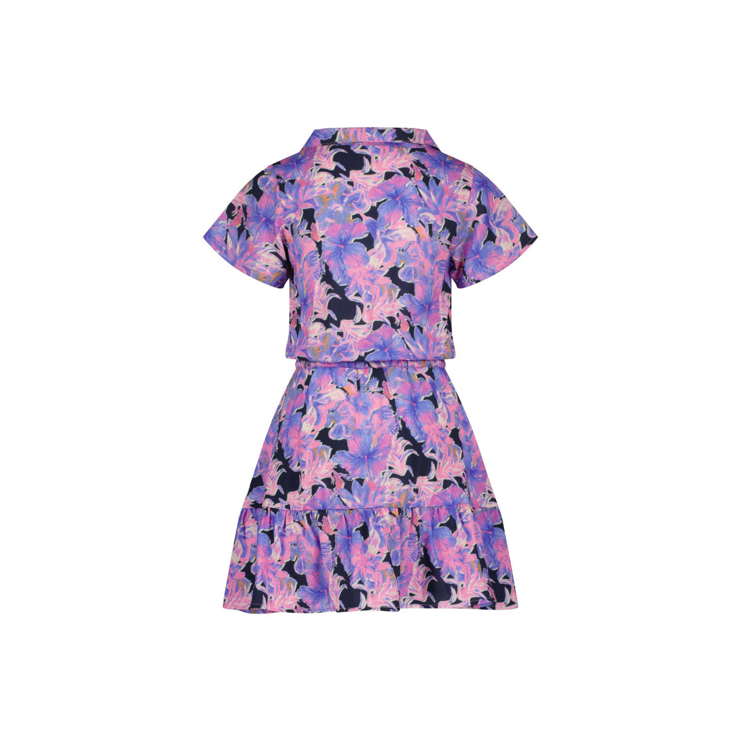 Vingino jurk Penelop met bloemenprint en volant paars donkerblauw
