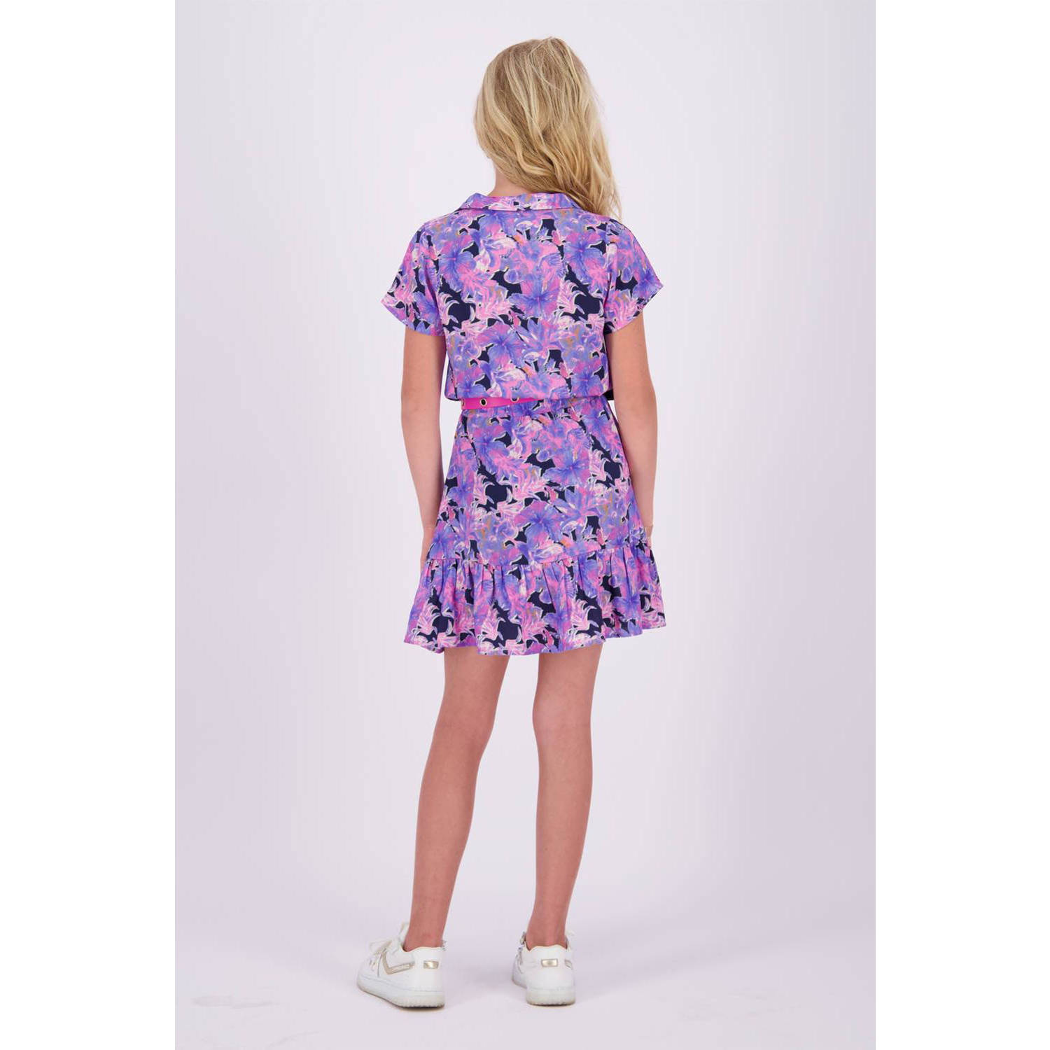 Vingino jurk Penelop met bloemenprint en volant paars donkerblauw