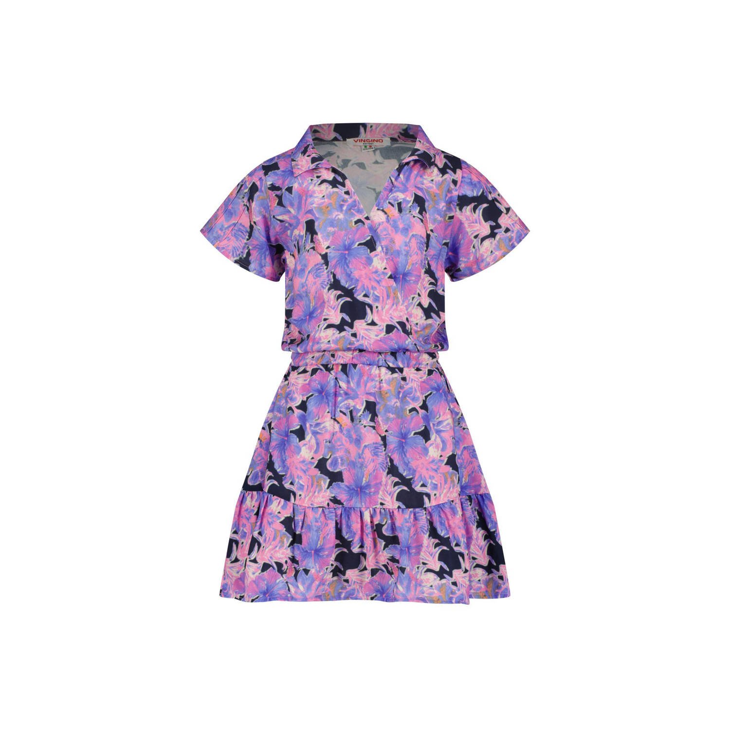 Vingino jurk Penelop met bloemenprint en volant paars donkerblauw
