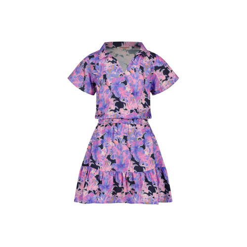 Vingino jurk Penelop met all over print en volant paars/donkerblauw
