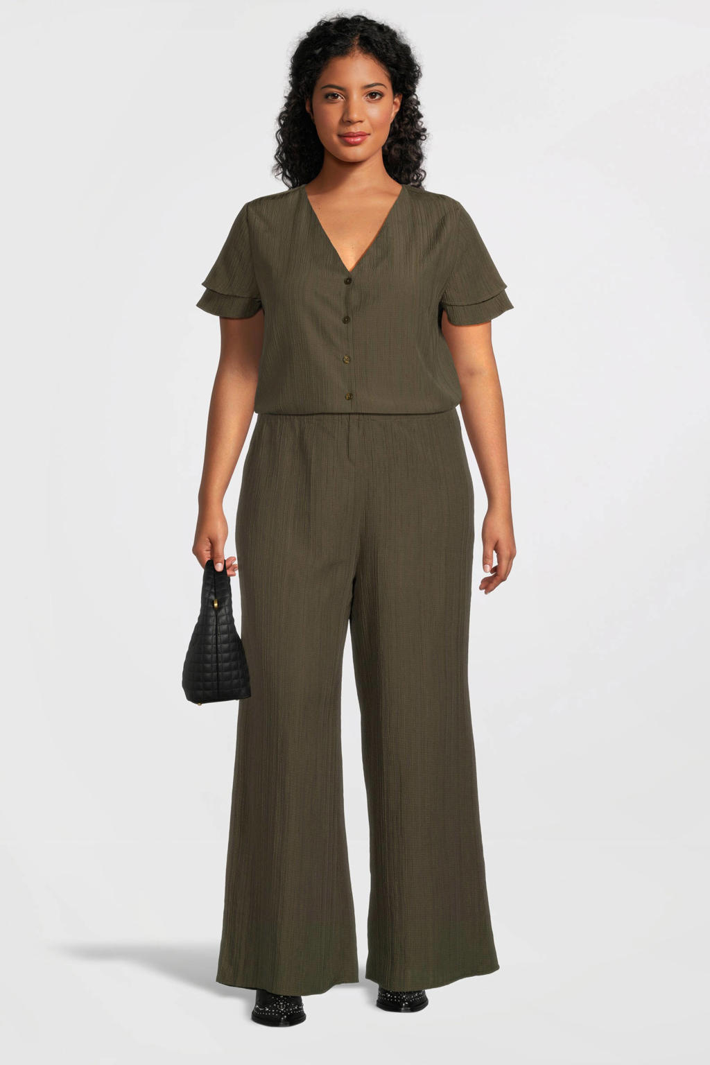 Kakikleurige dames GREAT LOOKS crinkle top van polyester met effen, korte mouwen en V-hals