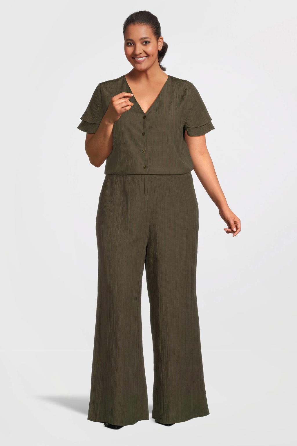 Kakikleurige dames GREAT LOOKS crinkle wide leg broek met high waist en effen