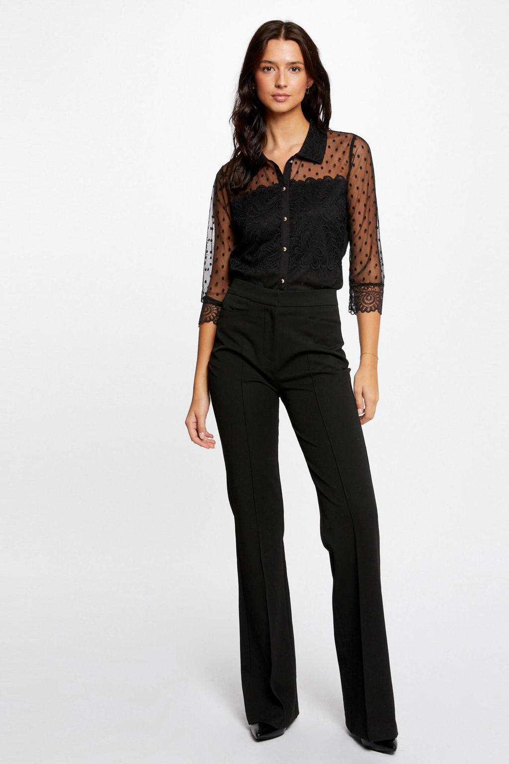 Zwarte dames Morgan semi-transparante blouse en kant van polyester met stippenprint, driekwart mouwen en reverskraag