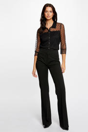 thumbnail: Zwarte dames Morgan semi-transparante blouse en kant van polyester met stippenprint, driekwart mouwen en reverskraag