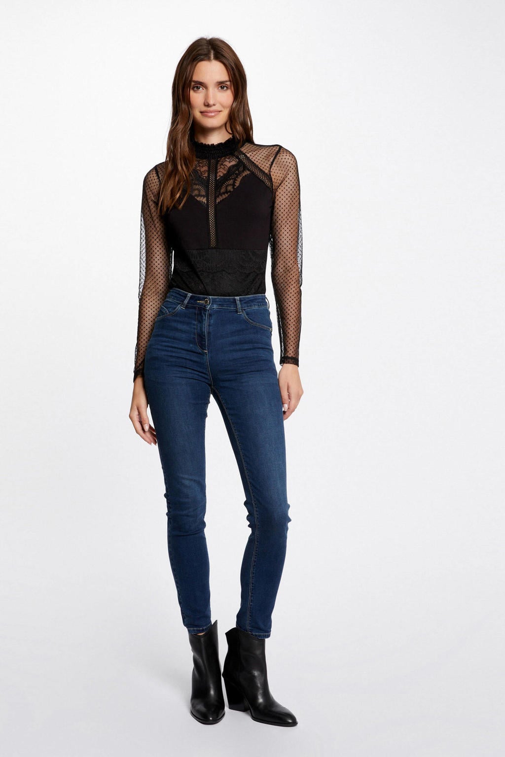 Zwarte dames Morgan semi-transparante body van viscose met effen, lange mouwen, opstaande kraag en knoopsluiting