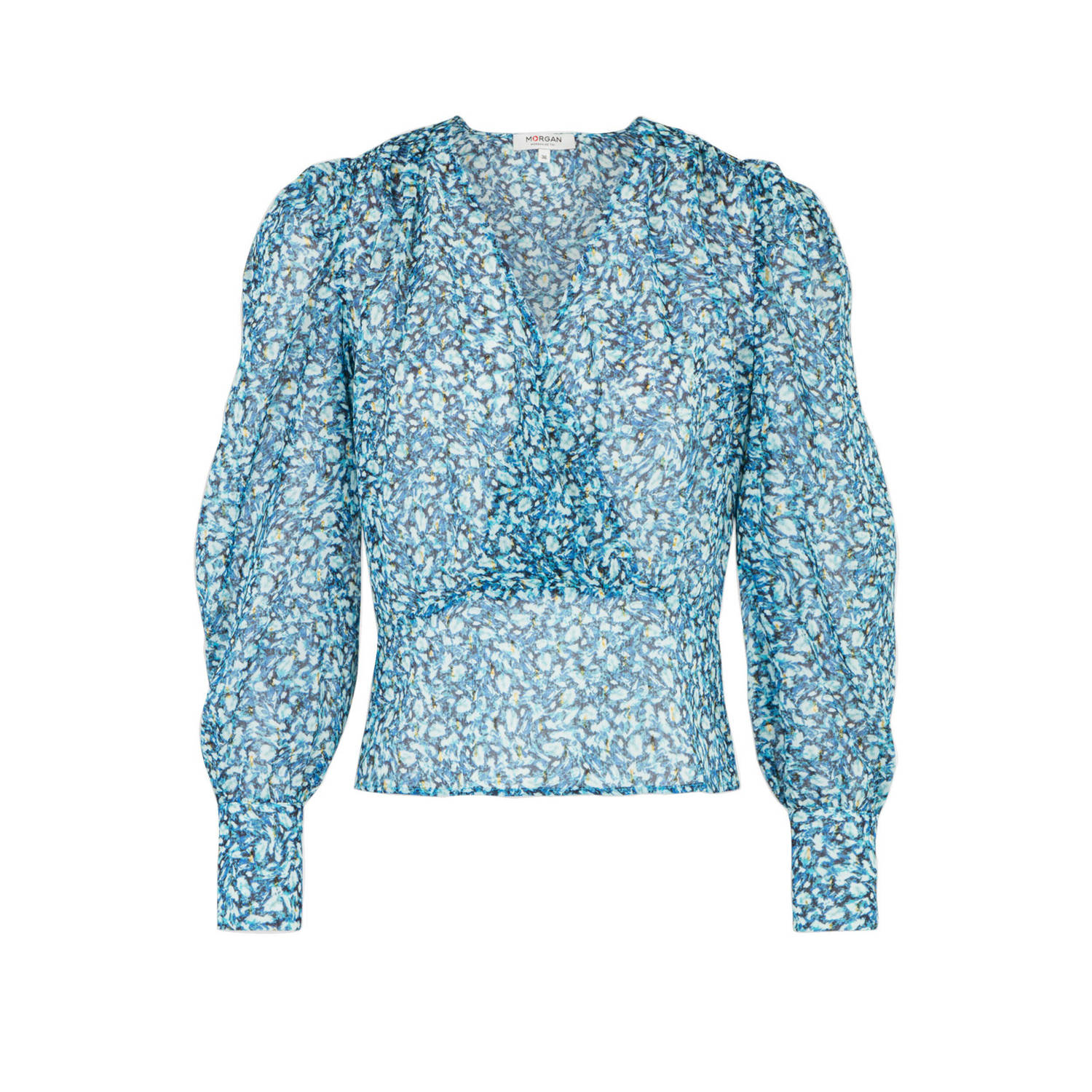 Morgan top met all over print lichtblauw donkerblauw geel