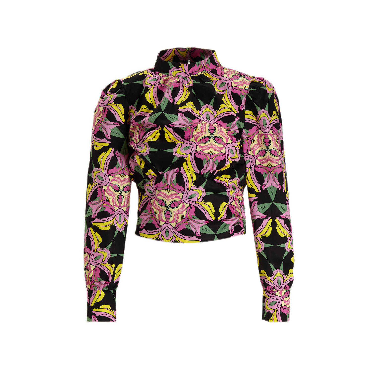 Colourful Rebel crop top Chaya met grafische print en plooien roze zwart