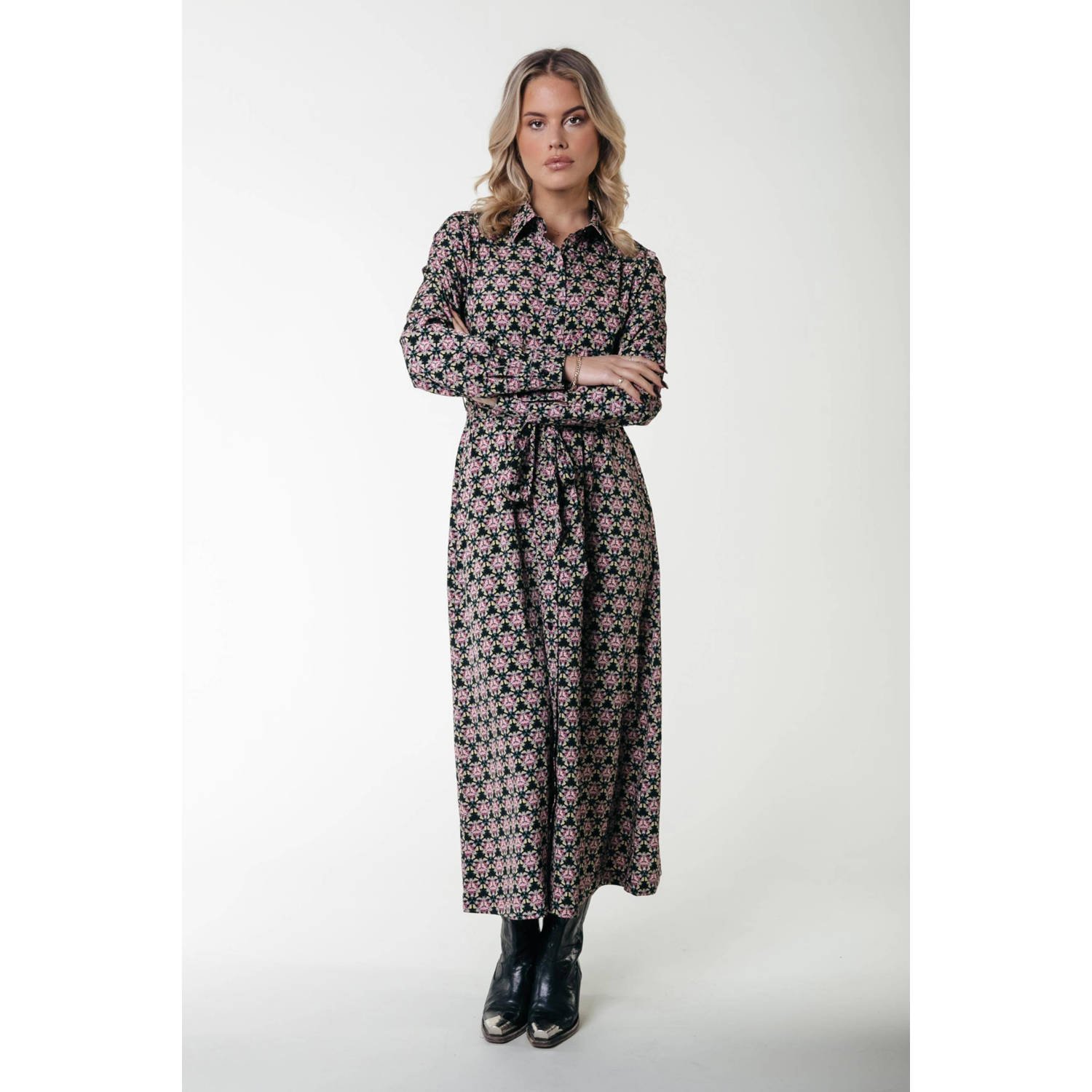 Colourful Rebel gebloemde maxi blousejurk Desiree zwart roze
