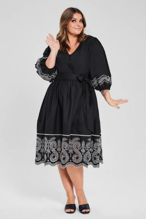 midi jurk met broderie zwart