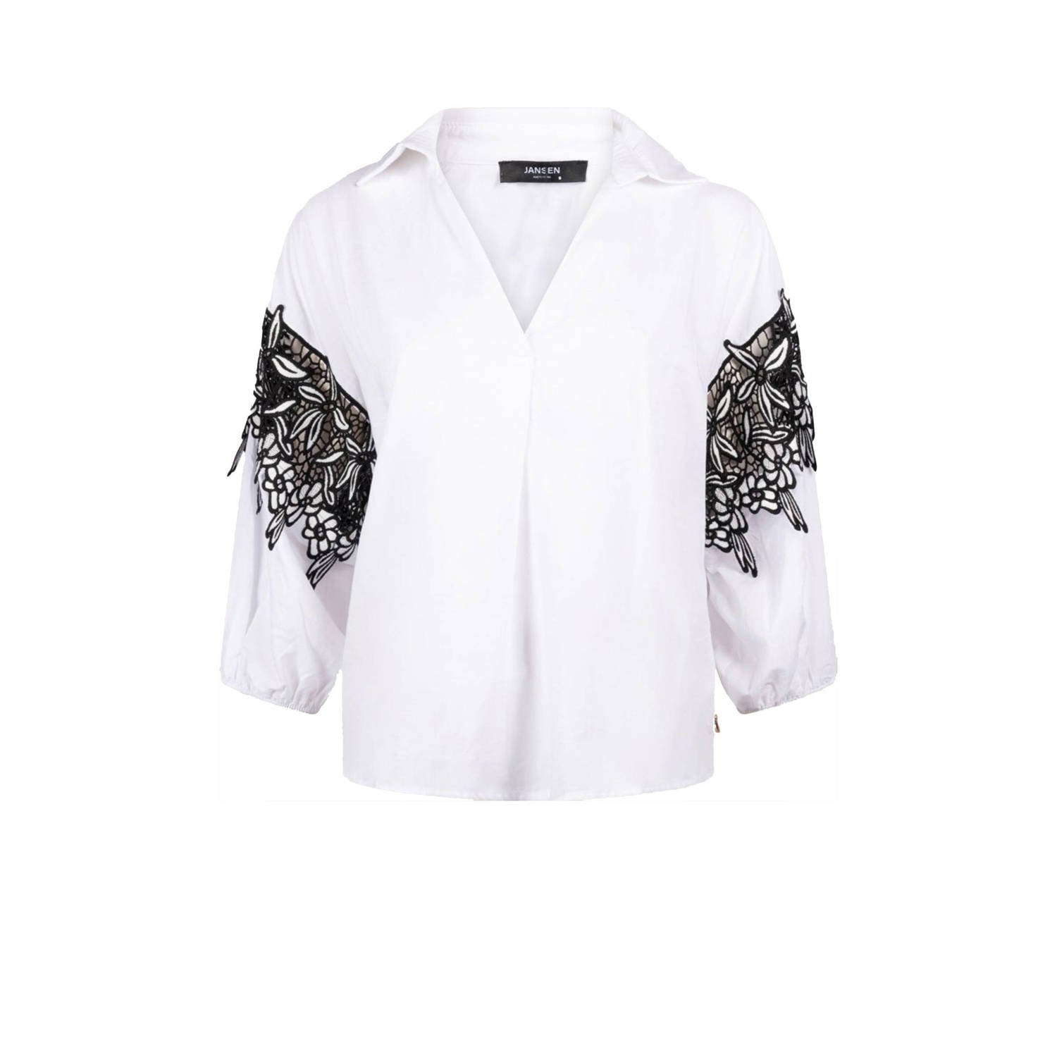 JANSEN AMSTERDAM Dames Blouses Cv777 Cotton Voile Blouse With Black white Lace Detail 3 4 Sleeve Wit