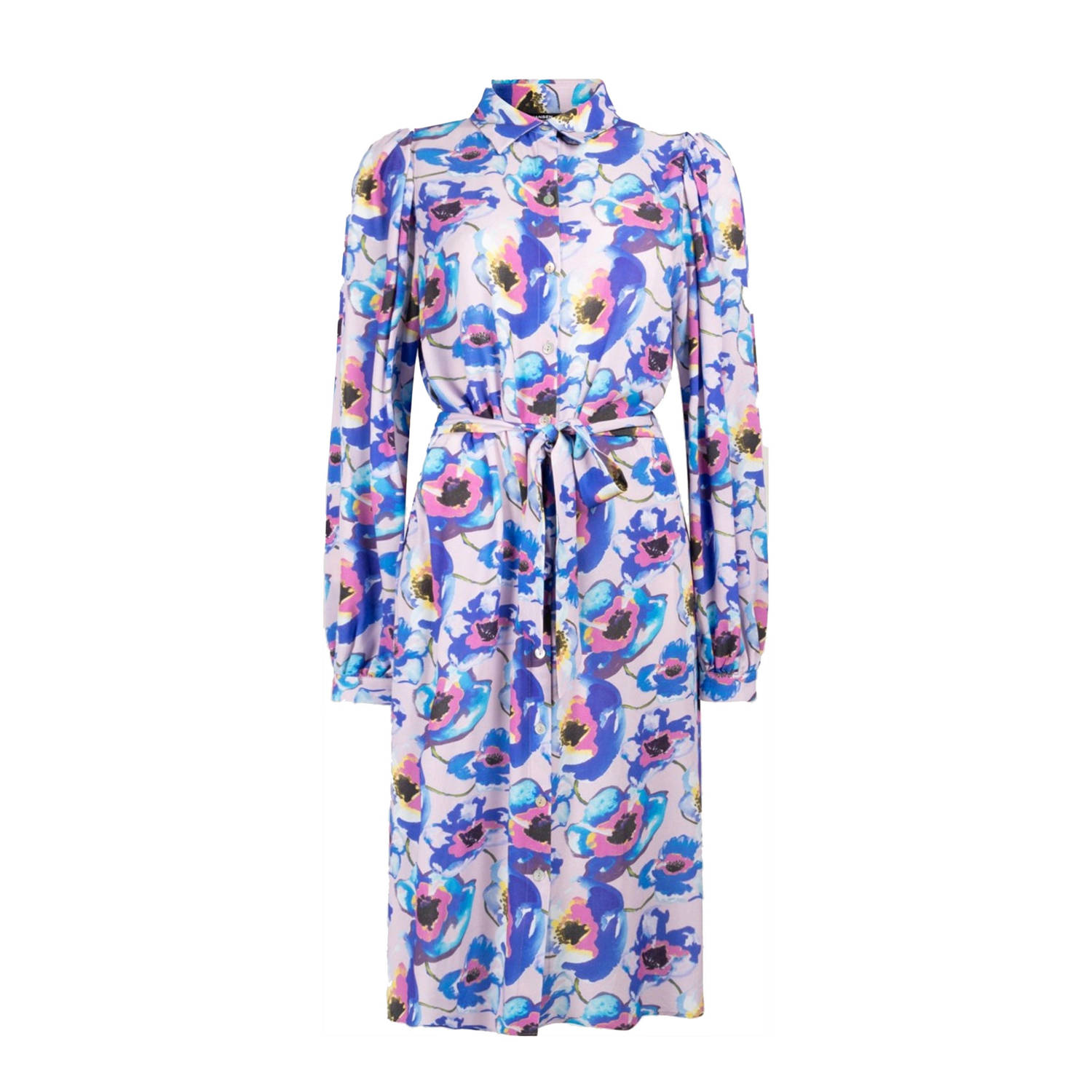 JANSEN AMSTERDAM Dames Jurken Pf508 Printed Long Sleeve Blouse Dress Blauw