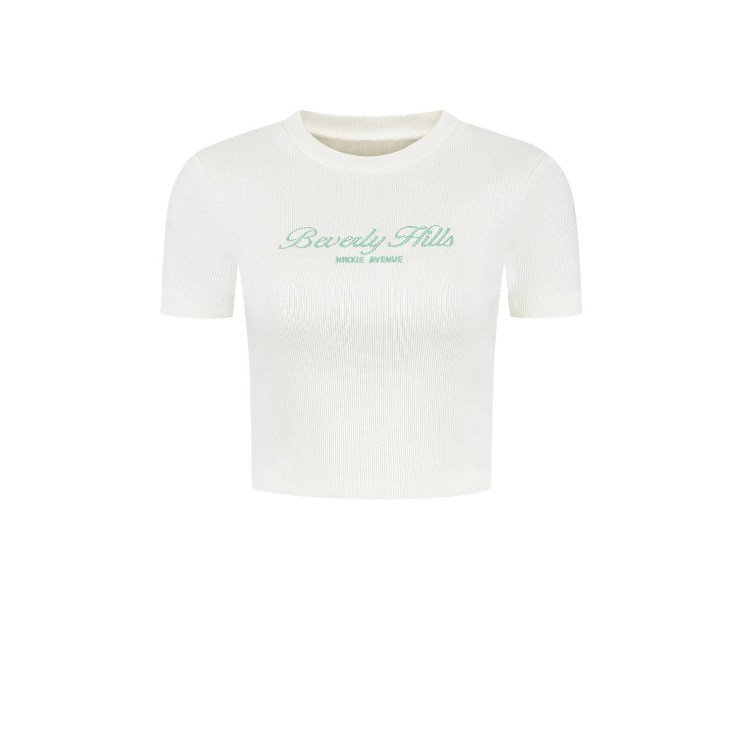 NIKKIE ribgebreid T-shirt Beverly Hills met tekst wit