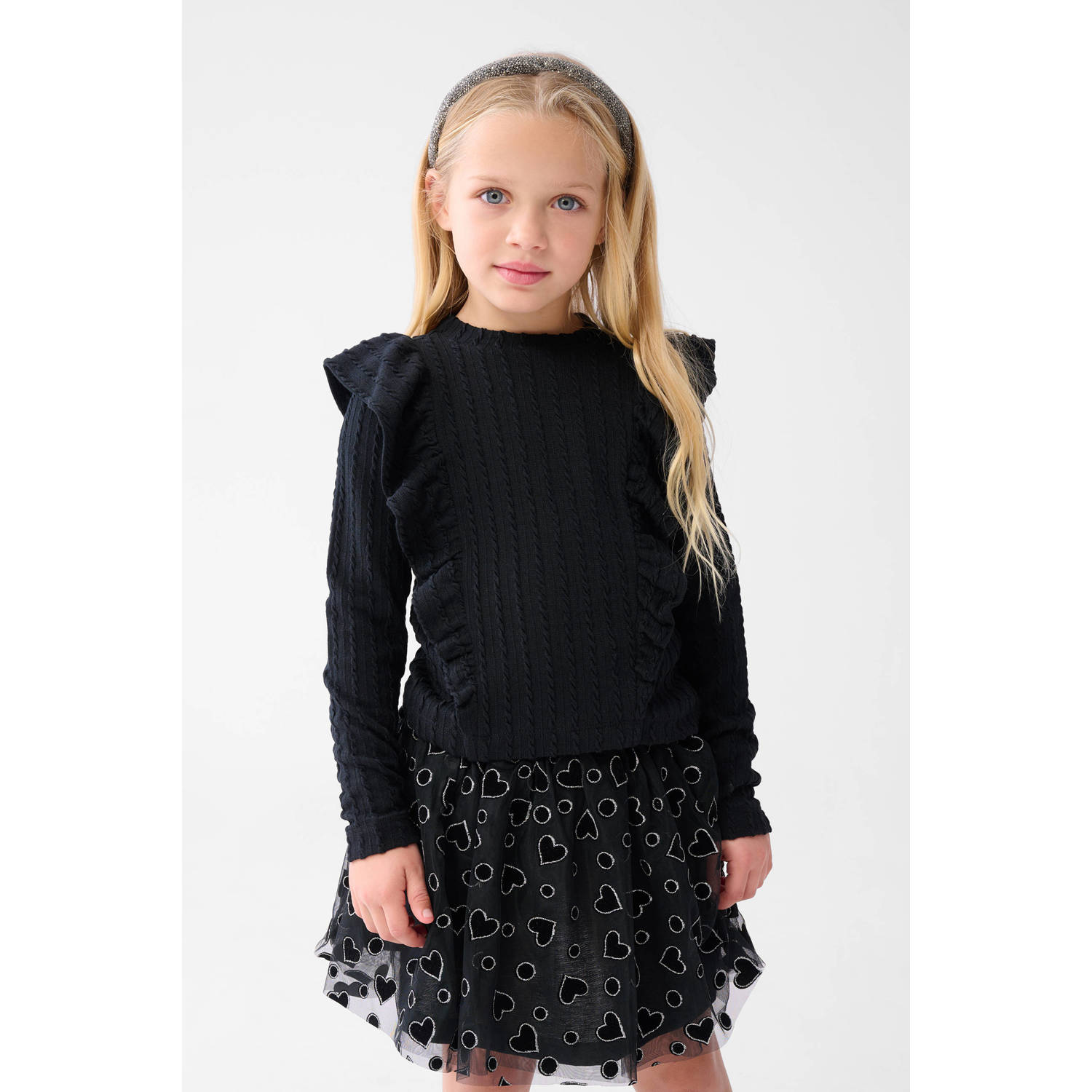 Shoeby gebreide longsleeve met ruches zwart Meisjes Polyester Ronde hals 122 128