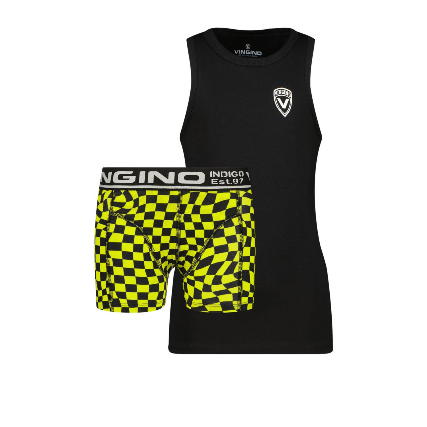 Vingino tanktop + boxerhort Check zwart neon geel