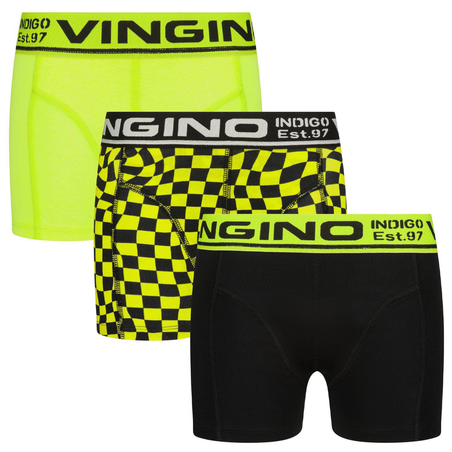 VINGINO boxershort Check set van 3 zwart neon geel Jongens Stretchkatoen 110 116