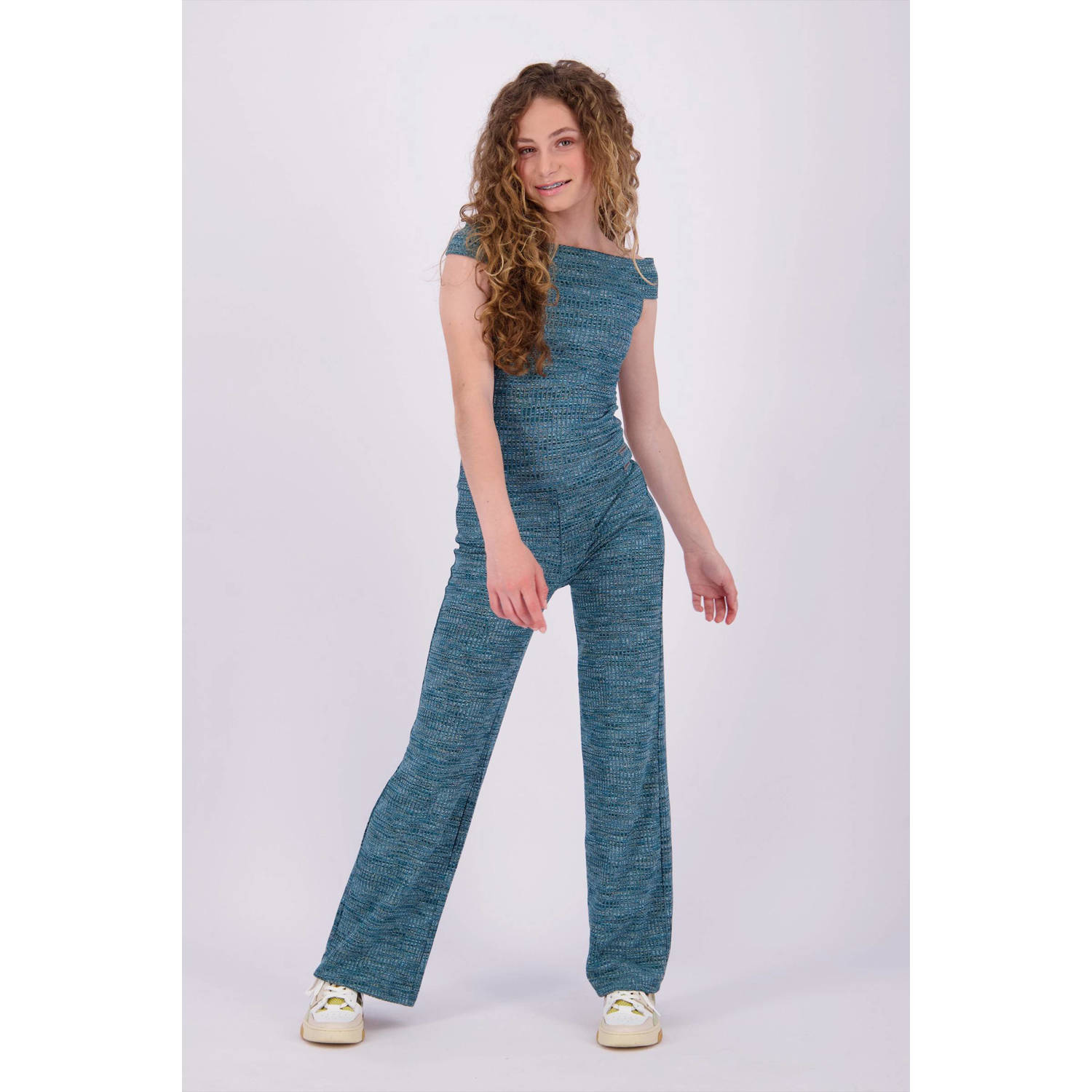 VINGINO gemêleerde off shoulder top Ilena petrol Blauw Melée 152