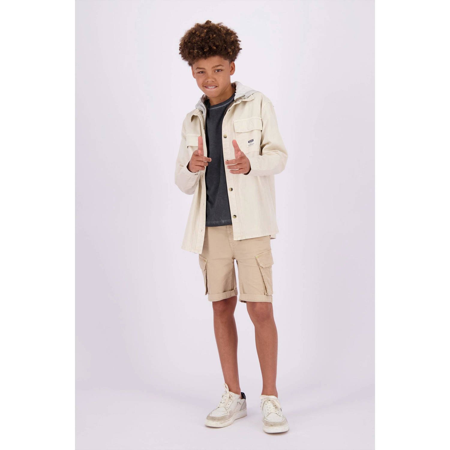 VINGINO overshirt Lior met capuchon ecru grijs melange Overhemd Effen 140