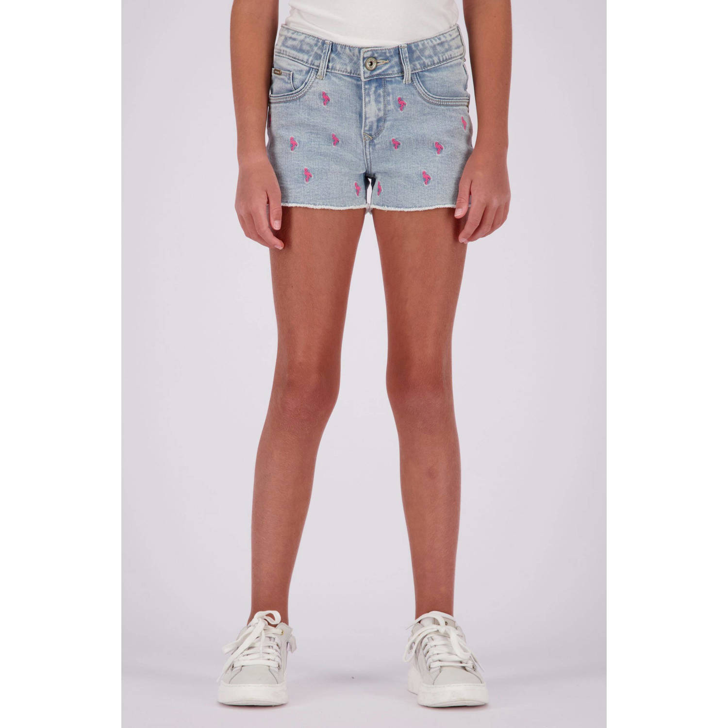 VINGINO denim short Dafina Flamingo met all over print light bleach Korte broek Blauw 152